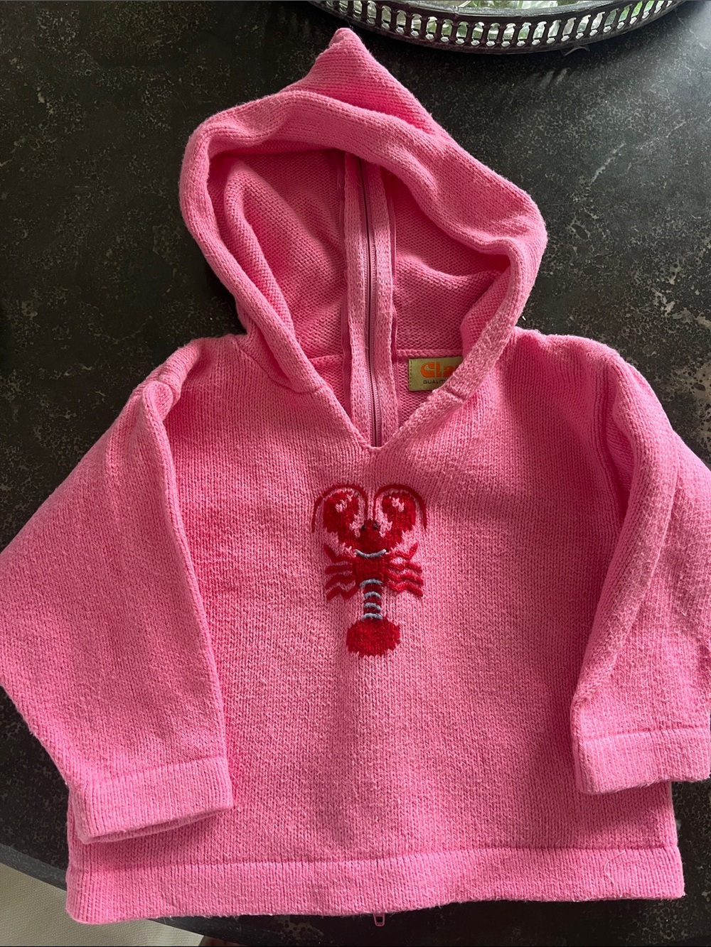 EUC Claver 100% cotton vibrant, pink, hooded sweater, embroidered lobster 18 mos